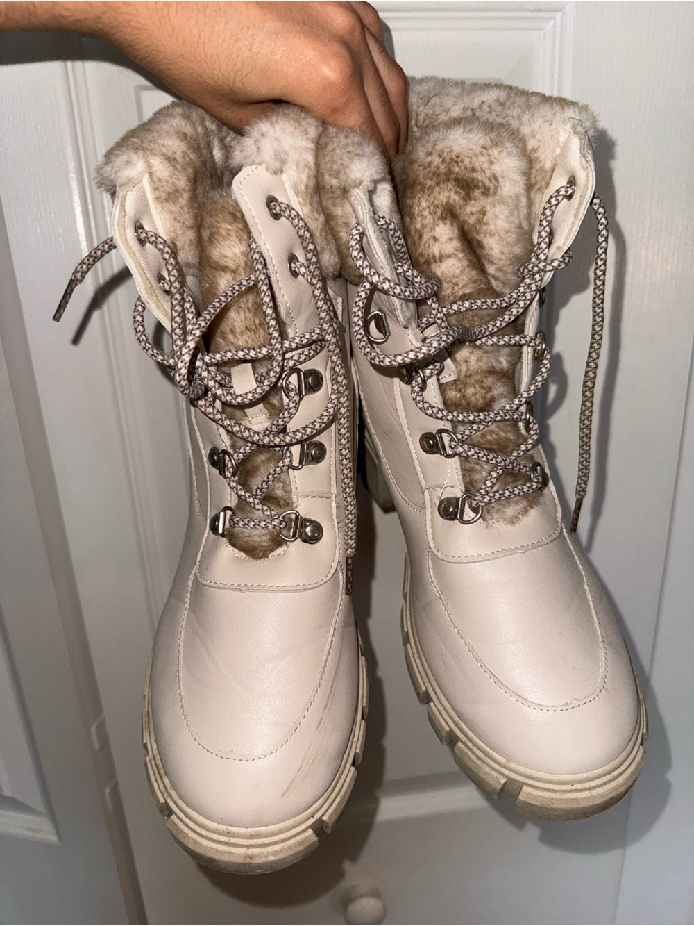 Charlotte Russe Cream Faux Fur Lace-Up Combat Boots